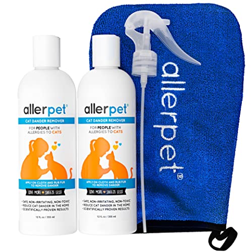 Allerpet Cat Dander Remover w/Free Applicator Mitt & Sprayer - Effective Cat Dander Reduction - Anti Allergen Solution Made in USA - 2 Pack (12oz)
