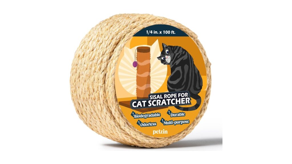 Pelzin natural sisal rope for cat scratching posts, 1/4 inch by 100 feet