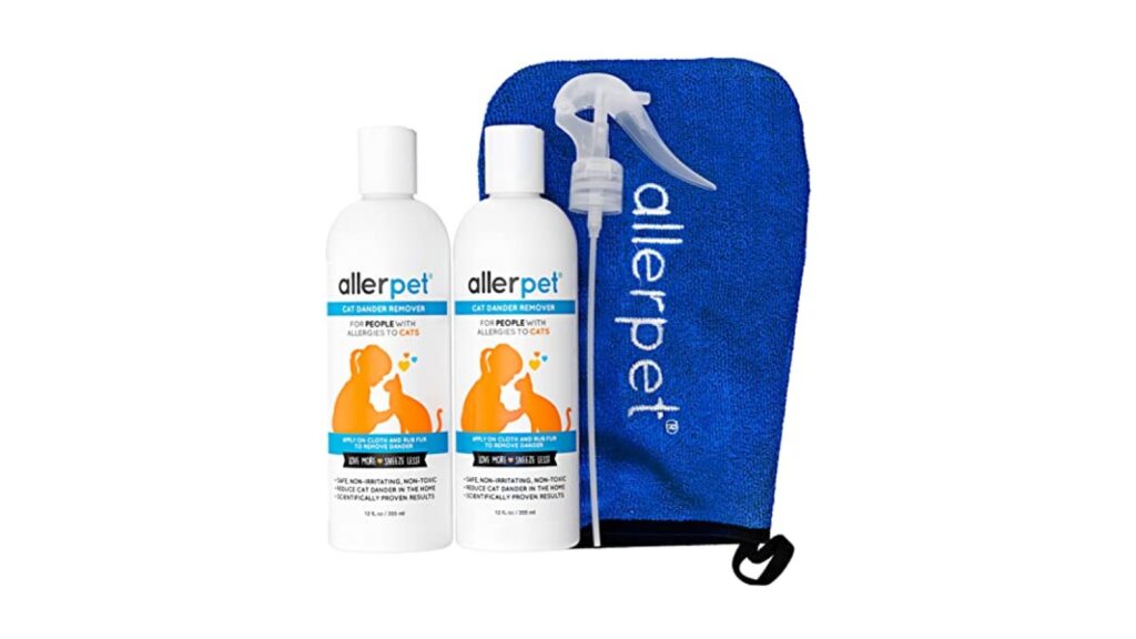 Allerpet Cat Dander Remover w/Free Applicator Mitt & Sprayer - Effective Cat Dander Reduction - Anti Allergen Solution Made in USA - 2 Pack (12oz)