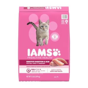 IAMS Proactive Health Adult Sensitive Digestion & Skin Dry Cat Food, Turkey (13 lb)